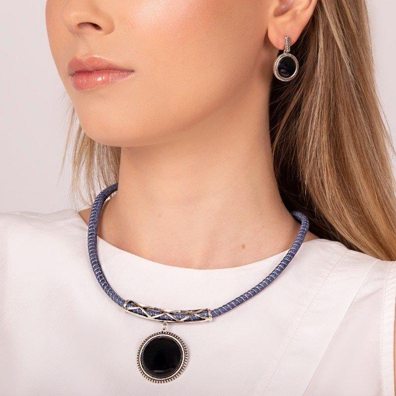 CONJUNTO DE COURO AZUL MARINHO FOLHEADO PRATA