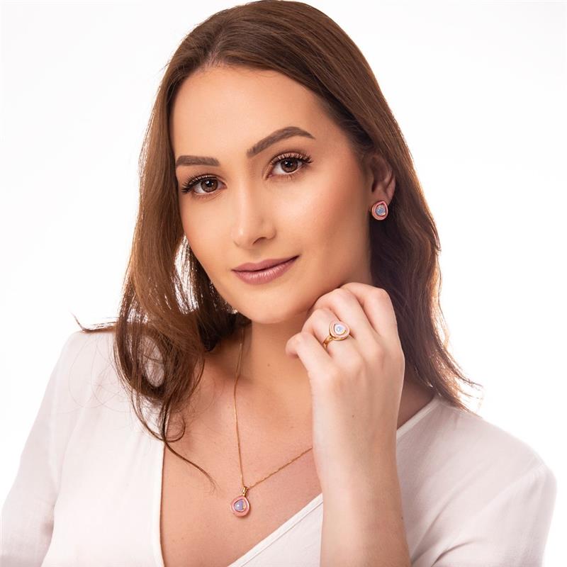 CONJUNTO FOLHEADO A OURO COM ESMALTE VERMELHO