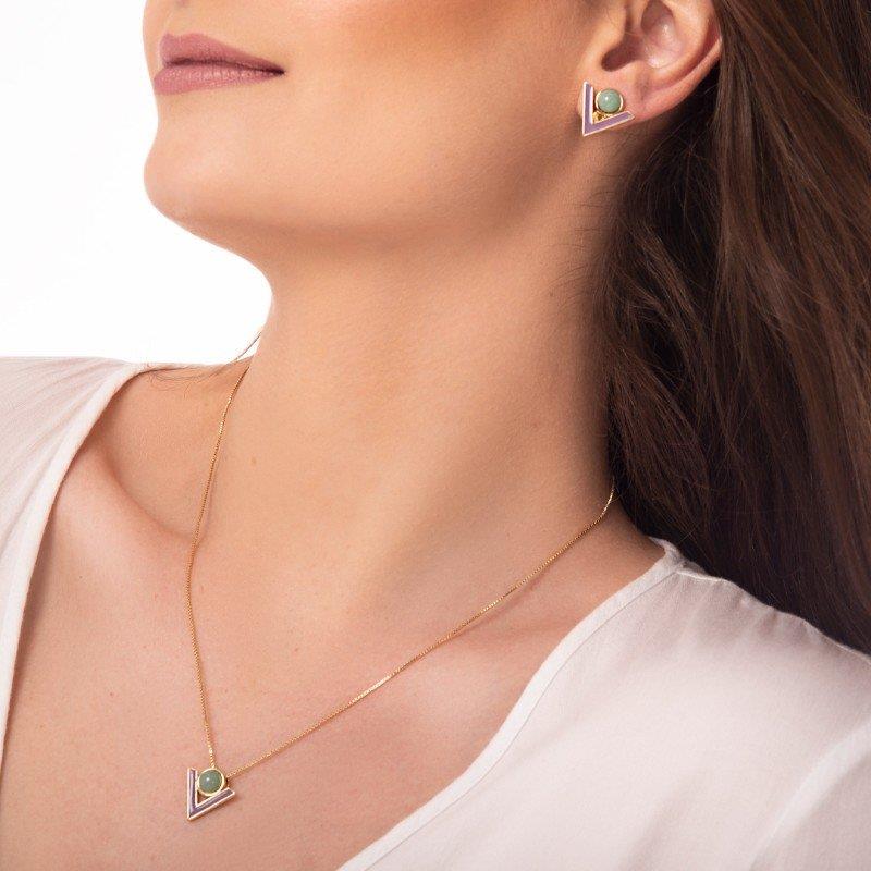 CONJUNTO FOLHEADO A OURO COM ESMALTE VERMELHO