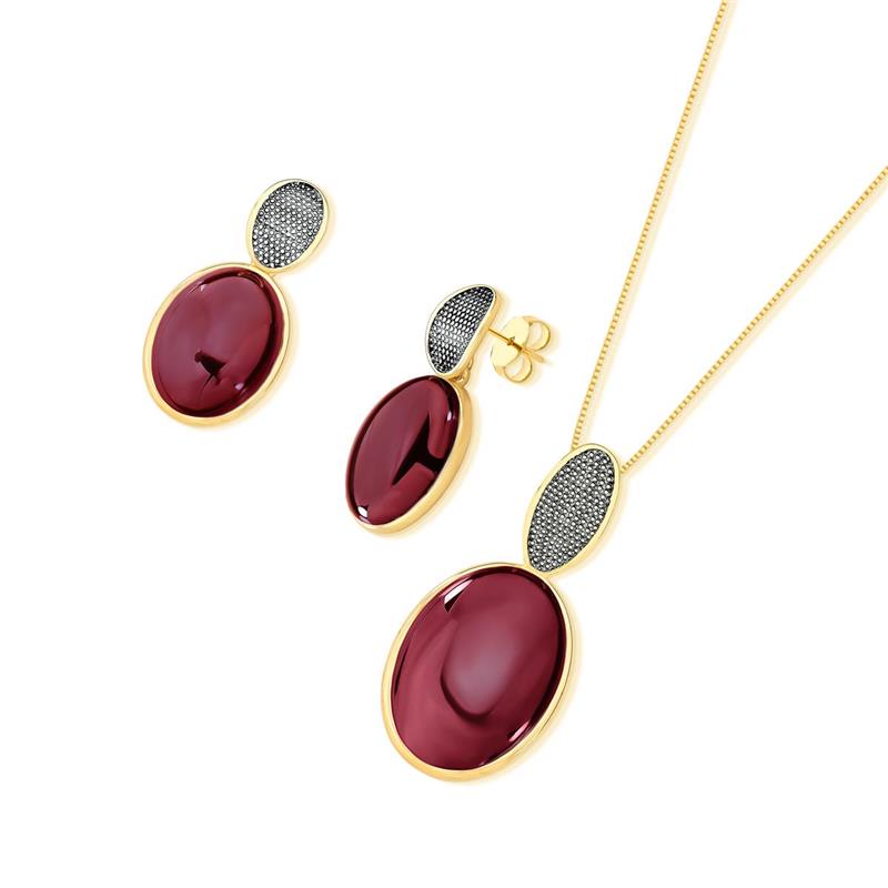 CONJUNTO FOLHEADO A OURO E RÓDIO NEGRO COM EFEITO PEROLADO