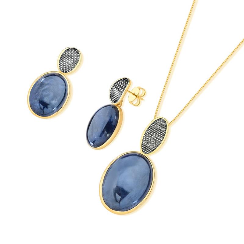 CONJUNTO FOLHEADO A OURO E RÓDIO NEGRO COM EFEITO PEROLADO