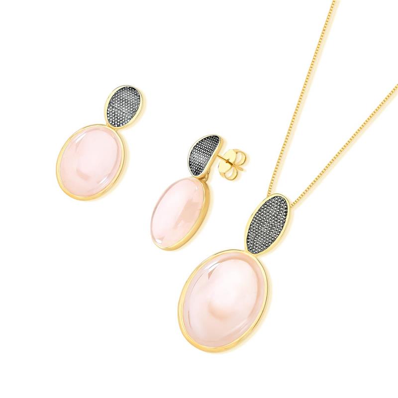 CONJUNTO FOLHEADO A OURO E RÓDIO NEGRO COM EFEITO PEROLADO