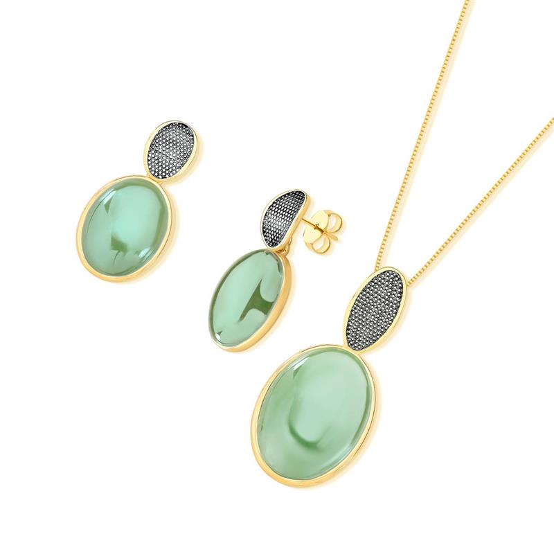 CONJUNTO FOLHEADO A OURO E RÓDIO NEGRO COM EFEITO PEROLADO