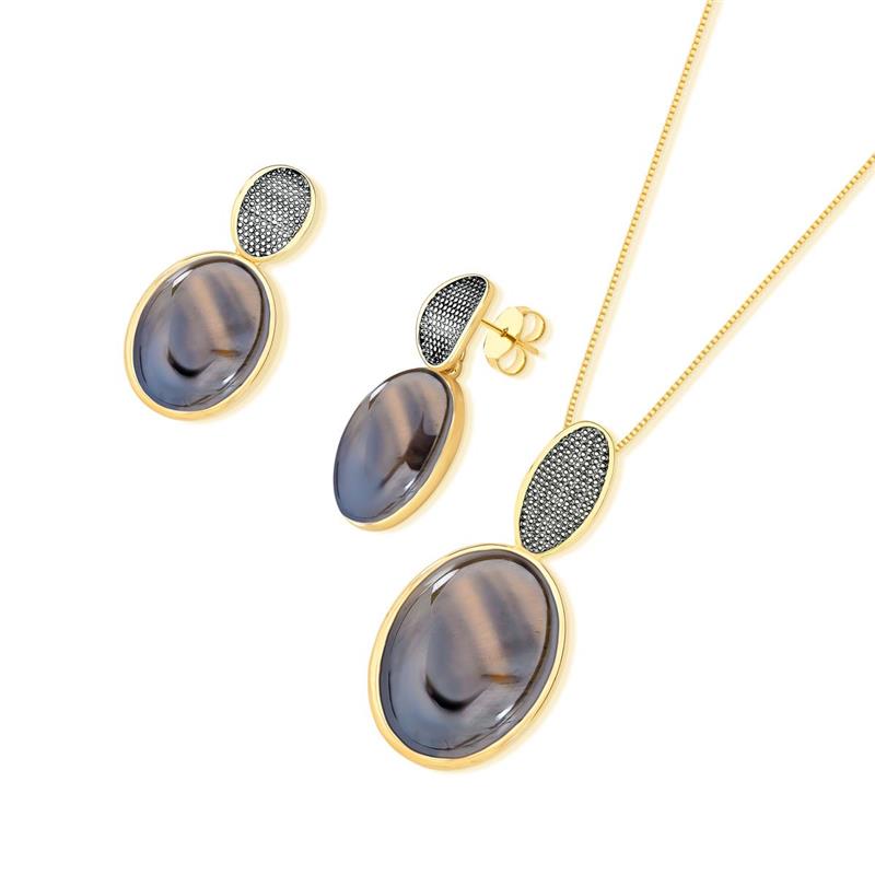 CONJUNTO FOLHEADO A OURO E RÓDIO NEGRO COM EFEITO PEROLADO