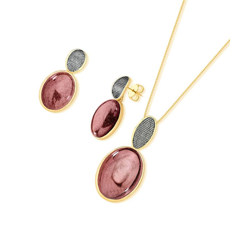 CONJUNTO FOLHEADO A OURO E RÓDIO NEGRO COM EFEITO PEROLADO