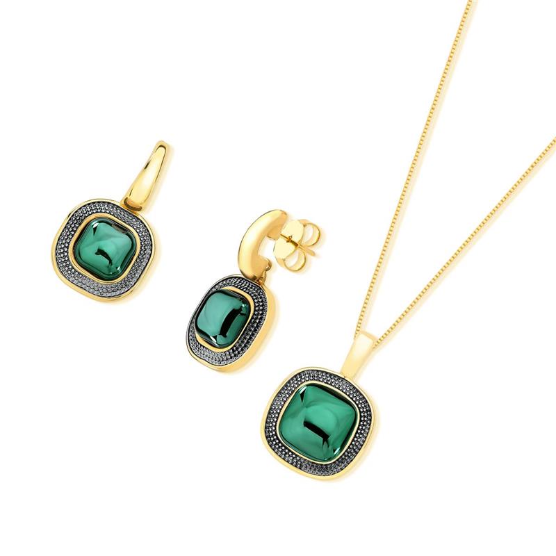 CONJUNTO FOLHEADO A OURO E RÓDIO NEGRO COM EFEITO PEROLADO