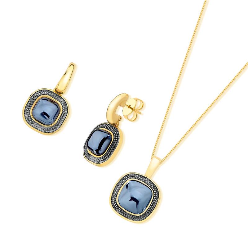 CONJUNTO FOLHEADO A OURO E RÓDIO NEGRO COM EFEITO PEROLADO