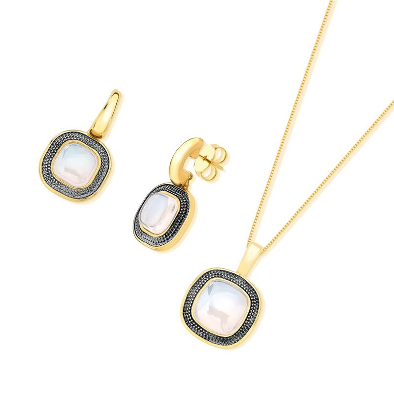 CONJUNTO FOLHEADO A OURO E RÓDIO NEGRO COM EFEITO PEROLADO