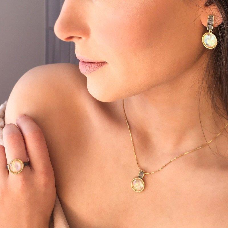 CONJUNTO FOLHEADO A OURO E RÓDIO NEGRO