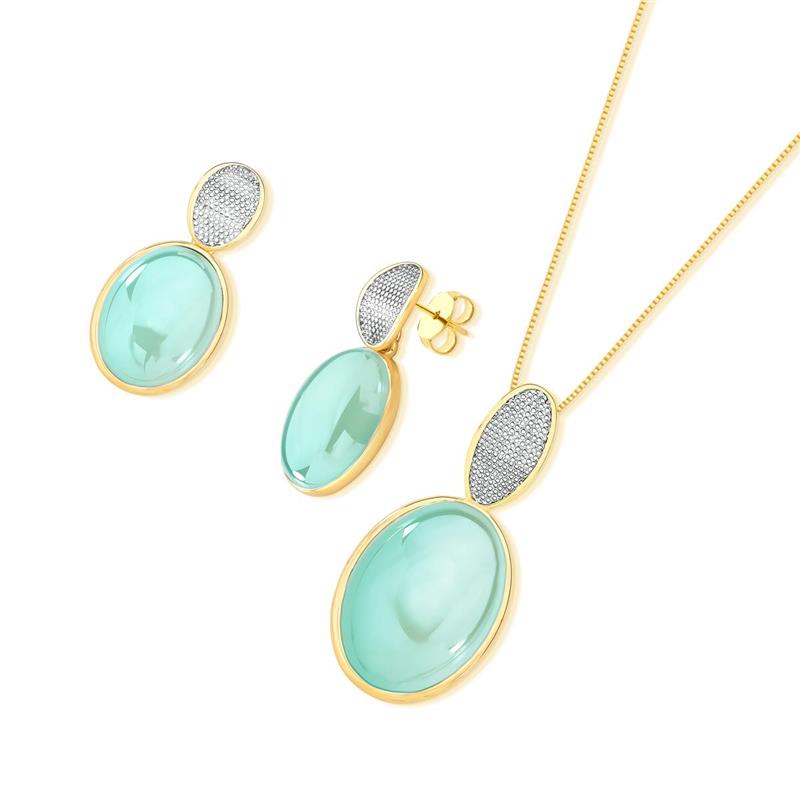 CONJUNTO FOLHEADO A OURO E RÓDIO BRANCO COM EFEITO PEROLADO