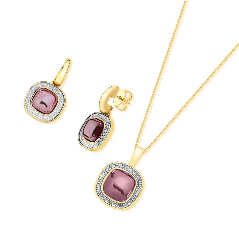 CONJUNTO FOLHEADO A OURO E RÓDIO BRANCO COM EFEITO PEROLADO