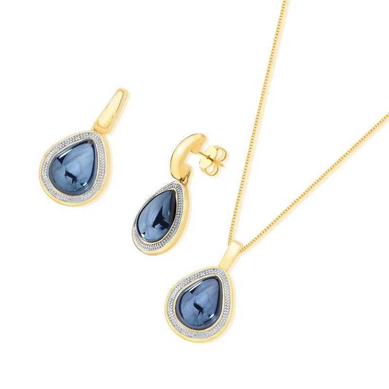 CONJUNTO FOLHEADO A OURO E RÓDIO BRANCO COM EFEITO PEROLADO