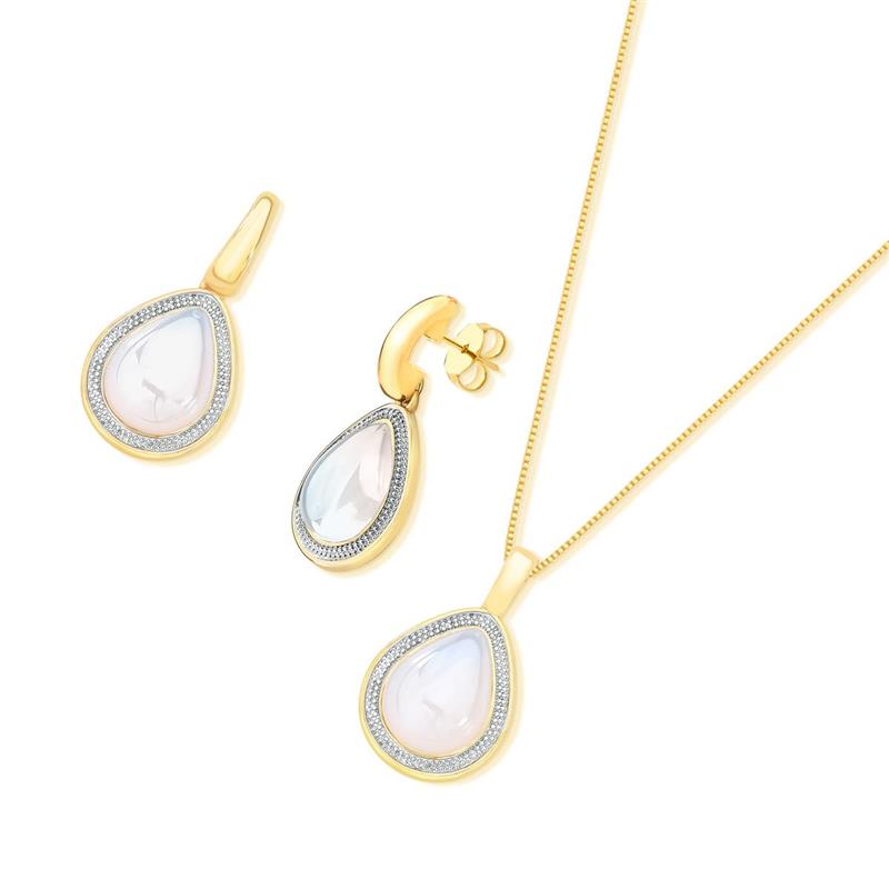 CONJUNTO FOLHEADO A OURO E RÓDIO BRANCO COM EFEITO PEROLADO