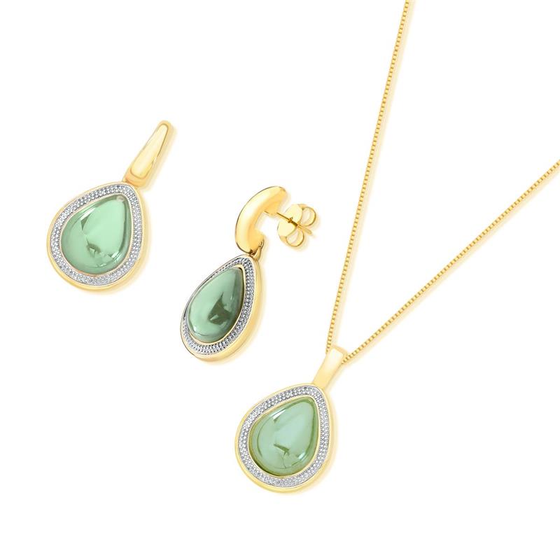 CONJUNTO FOLHEADO A OURO E RÓDIO BRANCO COM EFEITO PEROLADO