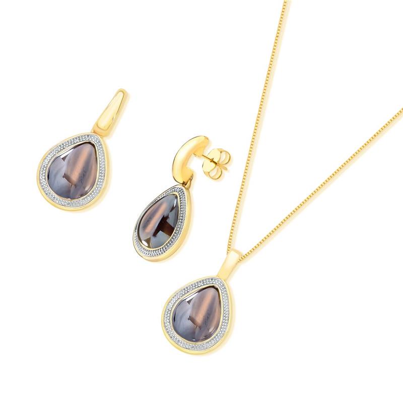 CONJUNTO FOLHEADO A OURO E RÓDIO BRANCO COM EFEITO PEROLADO