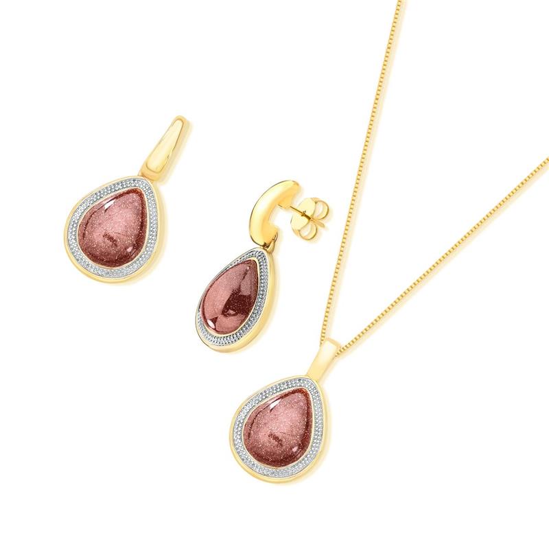 CONJUNTO FOLHEADO A OURO E RÓDIO BRANCO COM EFEITO PEROLADO