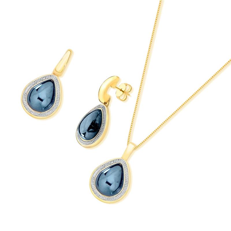 CONJUNTO FOLHEADO A OURO E RÓDIO BRANCO COM EFEITO PEROLADO