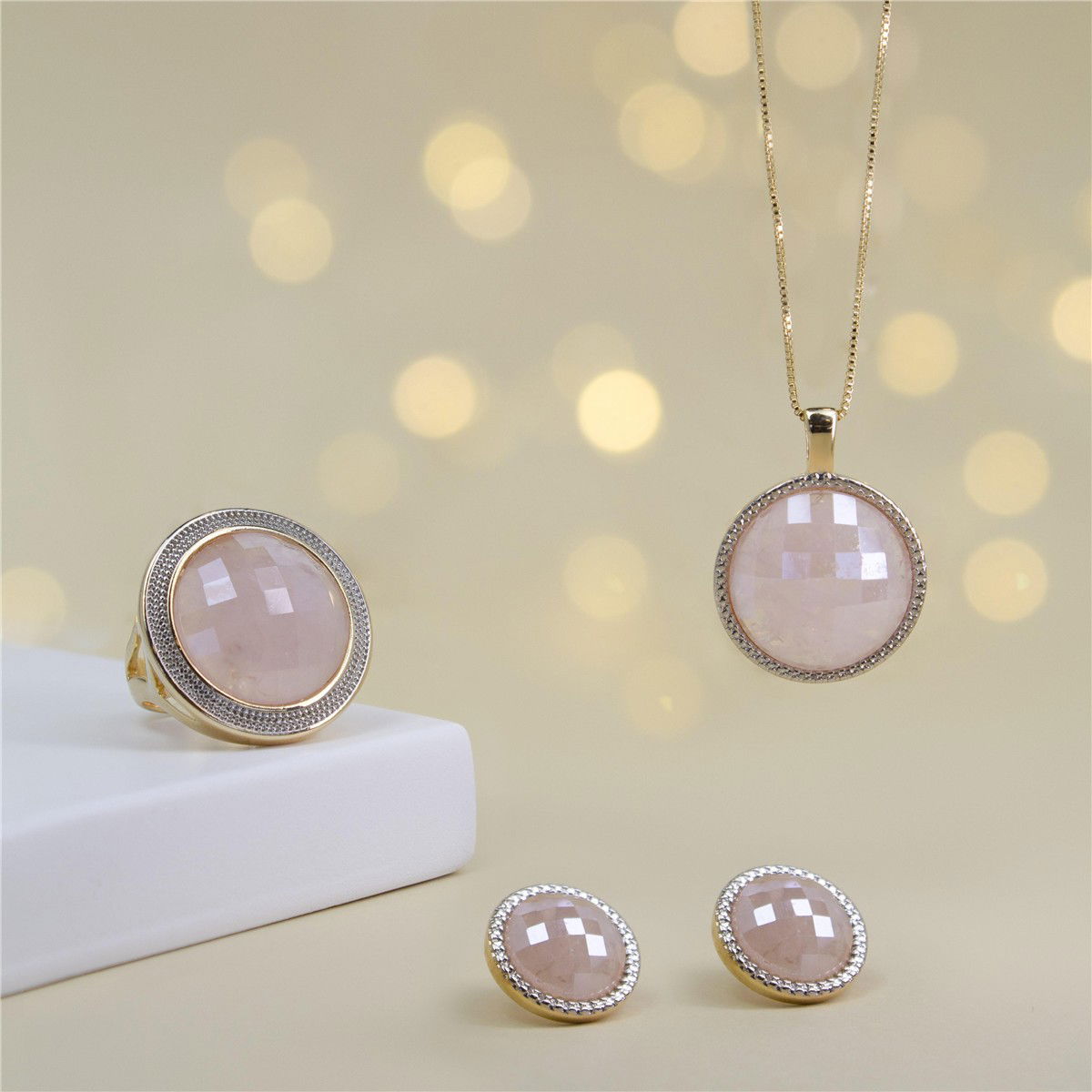 CONJUNTO FOLHEADO A OURO E RÓDIO BRANCO