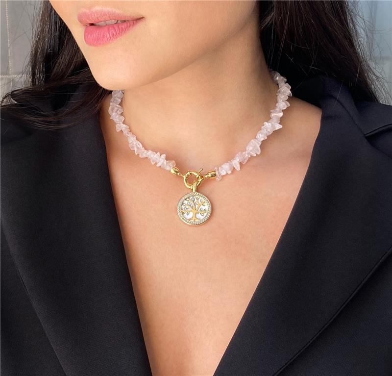 COLAR COM PEDRAS NATURAIS DE CASCALHO - QUARTZO ROSA