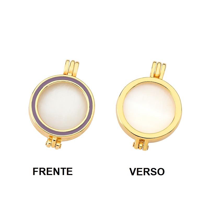 COMBO RELICÁRIO FOLHEADO A OURO COM ESMALTE LILÁS