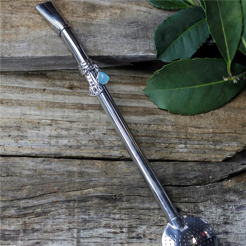 BOMBA DE CHIMARRÃO EM AÇO INOX COM DETALHE FOLHEADO A PALÁDIO