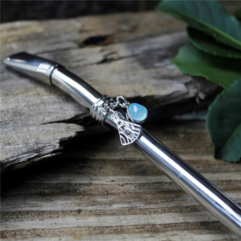 BOMBA DE CHIMARRÃO EM AÇO INOX COM DETALHE FOLHEADO A PALÁDIO