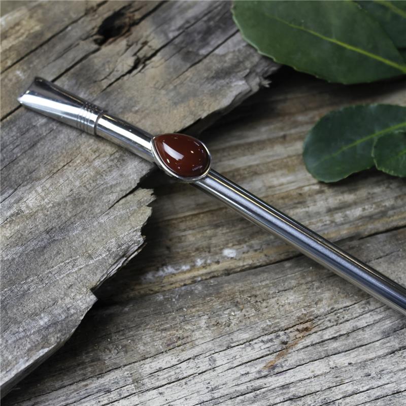 BOMBA DE CHIMARRÃO EM AÇO INOX COM DETALHE FOLHEADO A PALÁDIO