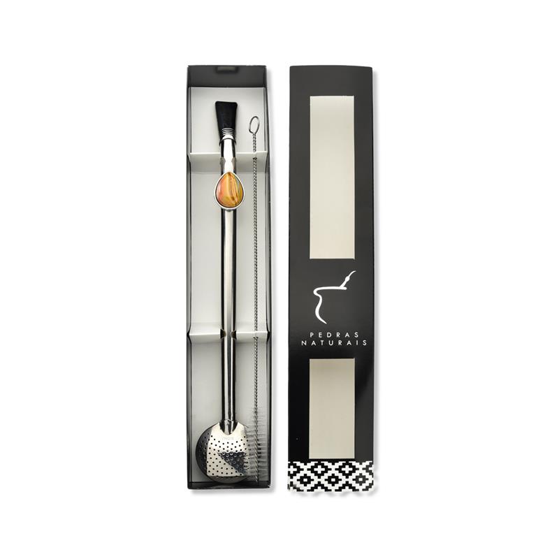 BOMBA DE CHIMARRÃO EM AÇO INOX COM DETALHE FOLHEADO A PALÁDIO