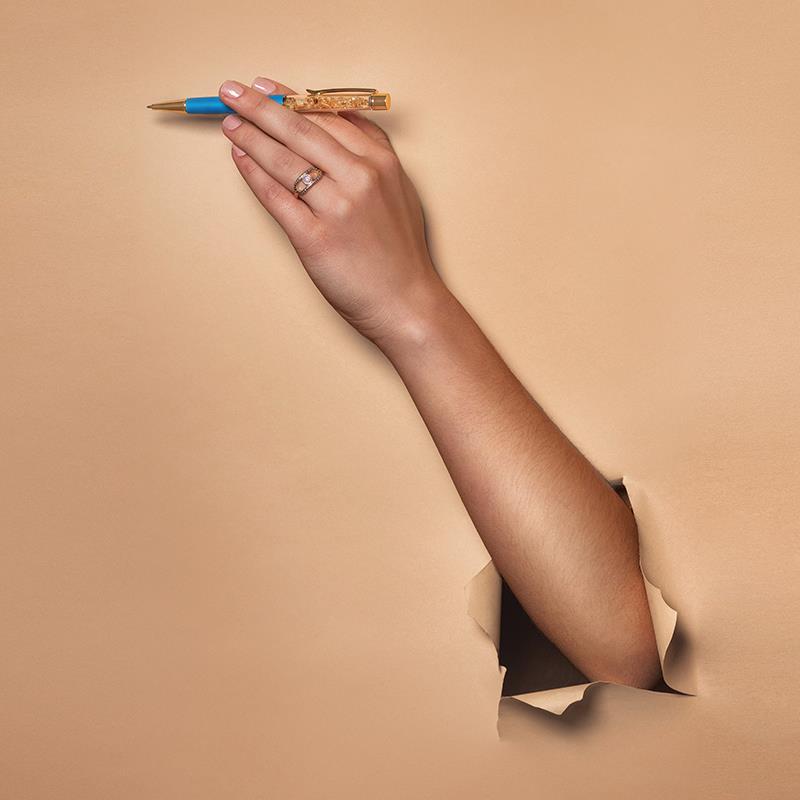 CANETA DOURADA COM PEDRAS NATURAIS - AZUL