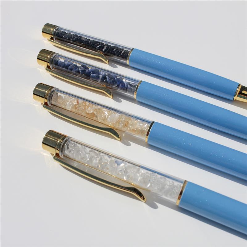 CANETA DOURADA COM PEDRAS NATURAIS - AZUL