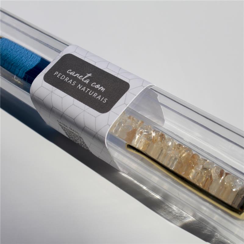 CANETA DOURADA COM PEDRAS NATURAIS - AZUL