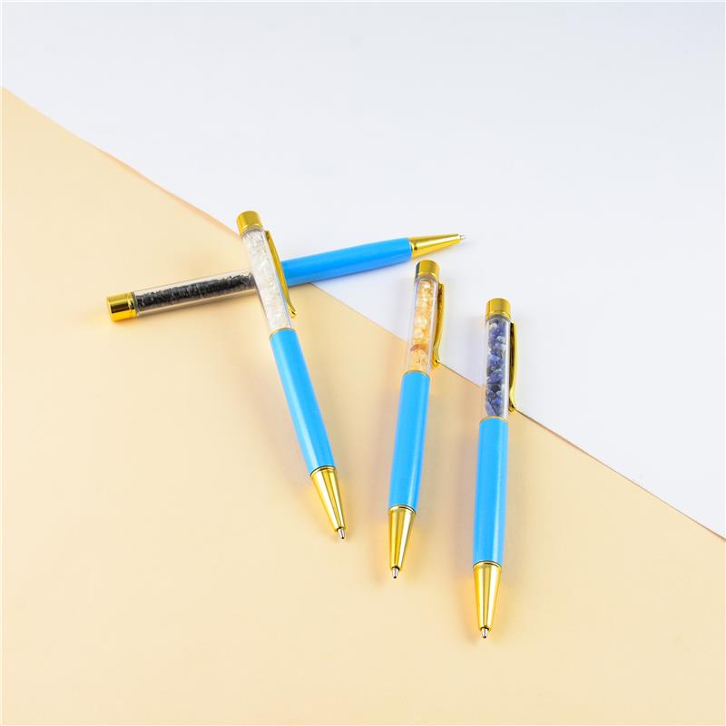 CANETA DOURADA COM PEDRAS NATURAIS - AZUL