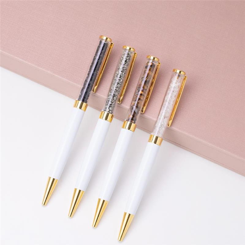 CANETA DOURADA COM PEDRAS NATURAIS - BRANCA