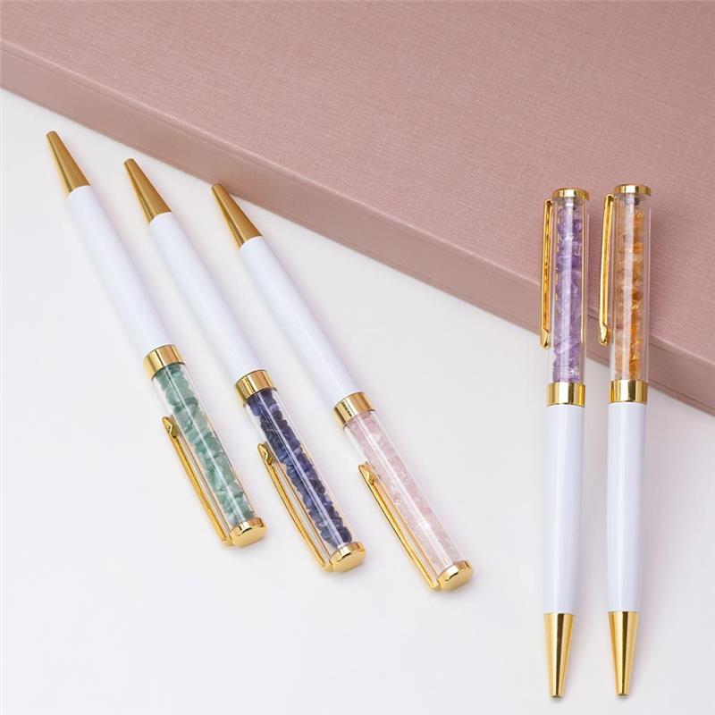 CANETA DOURADA COM PEDRAS NATURAIS - BRANCA