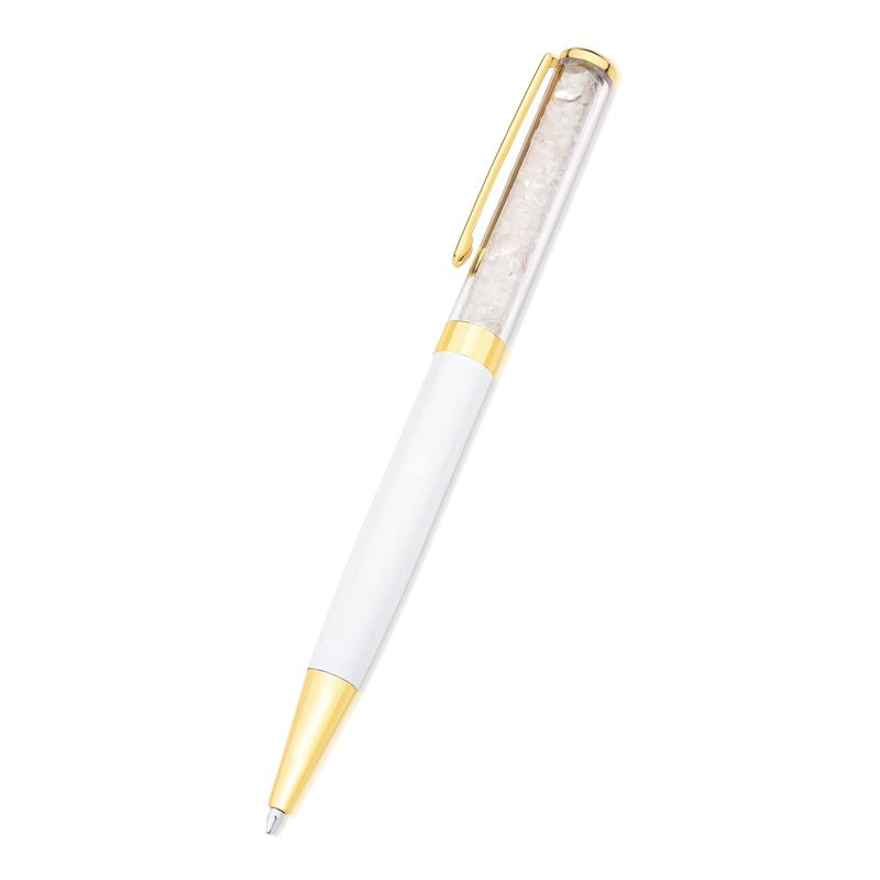 CANETA DOURADA COM PEDRAS NATURAIS - BRANCA