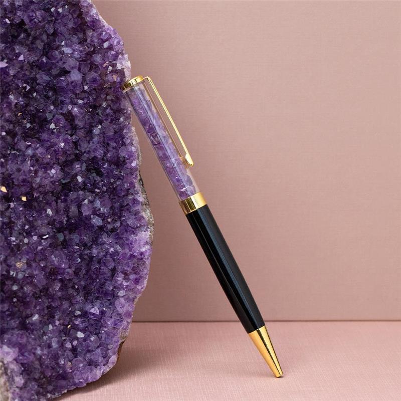 CANETA DOURADA COM PEDRAS NATURAIS - PRETA