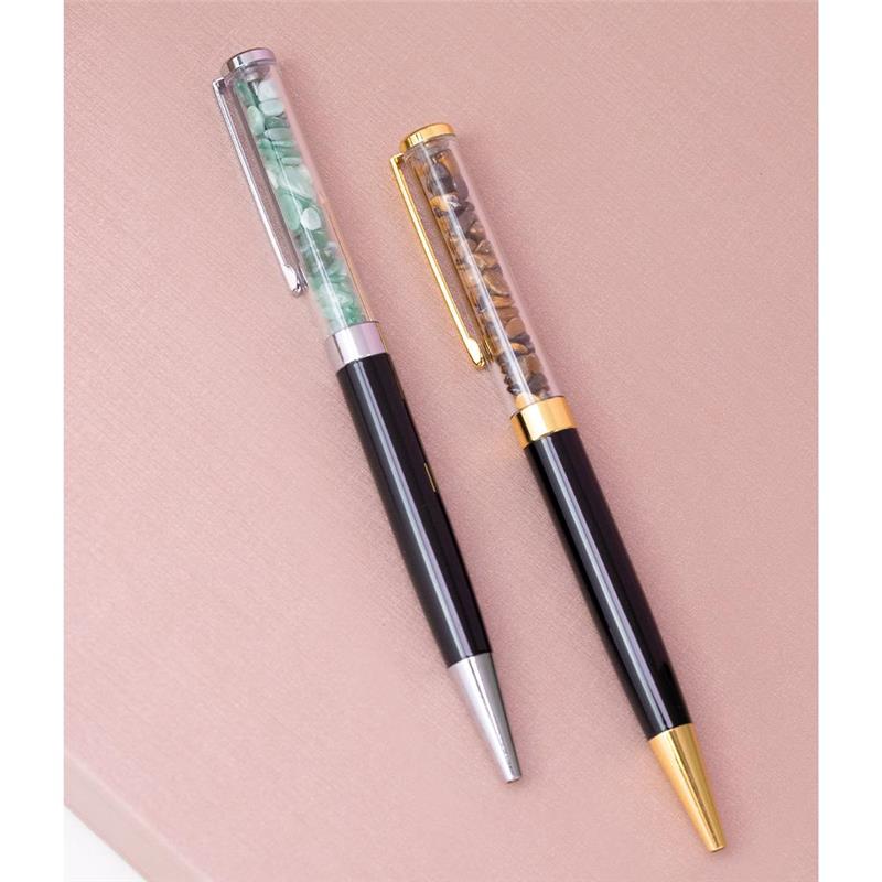 CANETA DOURADA COM PEDRAS NATURAIS - PRETA