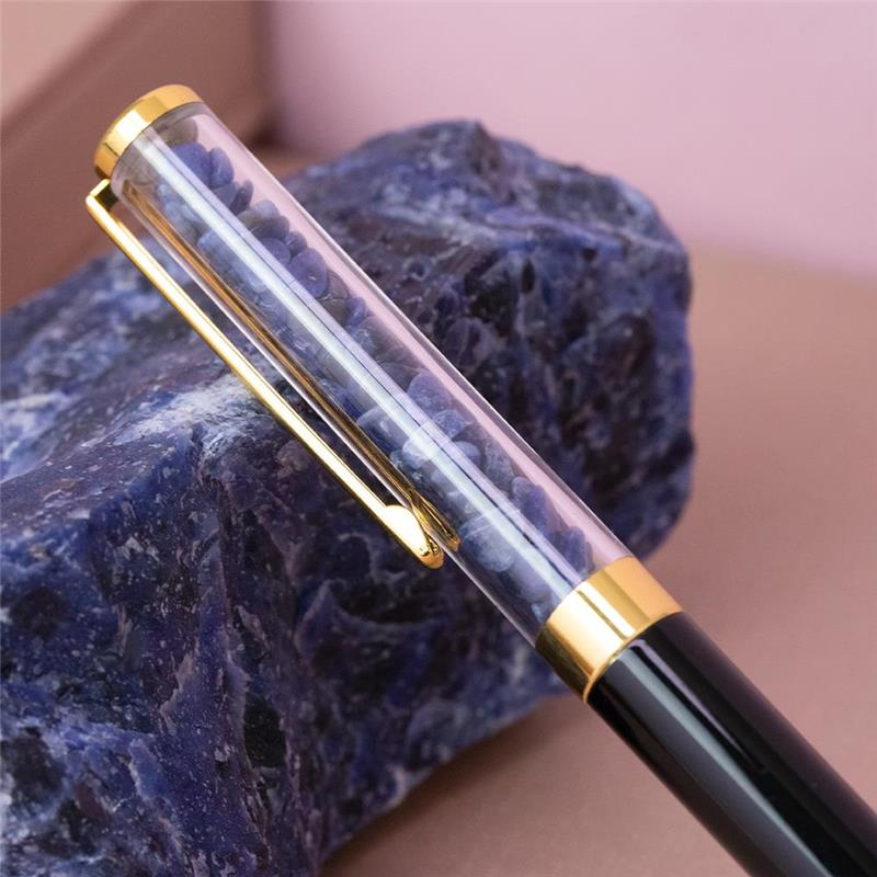 CANETA DOURADA COM PEDRAS NATURAIS - PRETA