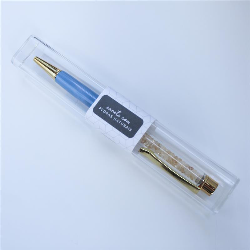 CANETA CROMADA COM PEDRAS NATURAIS - AZUL