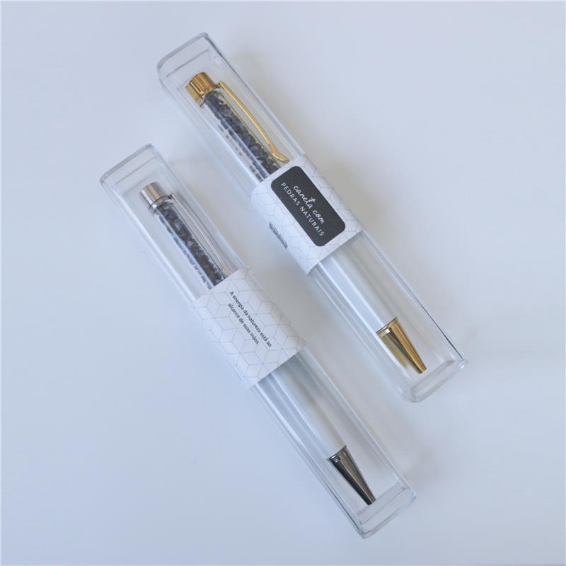 CANETA CROMADA COM PEDRAS NATURAIS - VERDE