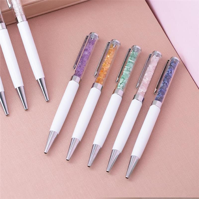 CANETA CROMADA COM PEDRAS NATURAIS - BRANCA