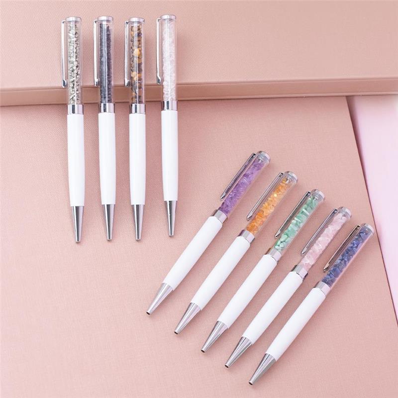 CANETA CROMADA COM PEDRAS NATURAIS - BRANCA