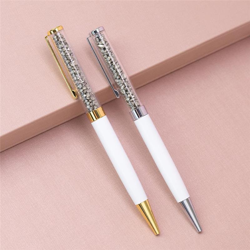 CANETA CROMADA COM PEDRAS NATURAIS - BRANCA