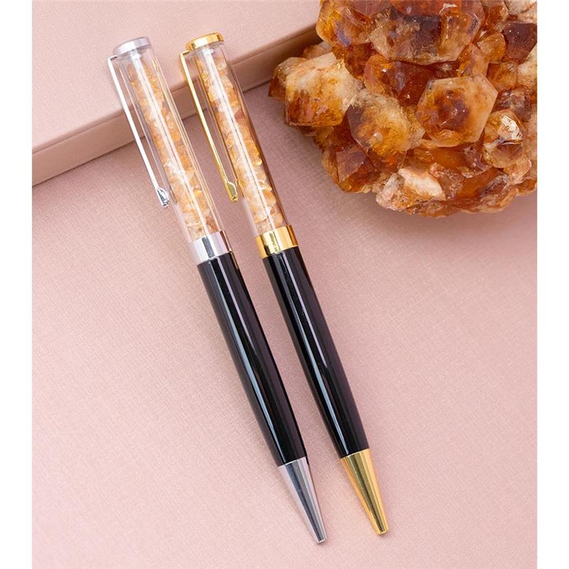 CANETA CROMADA COM PEDRAS NATURAIS - PRETA