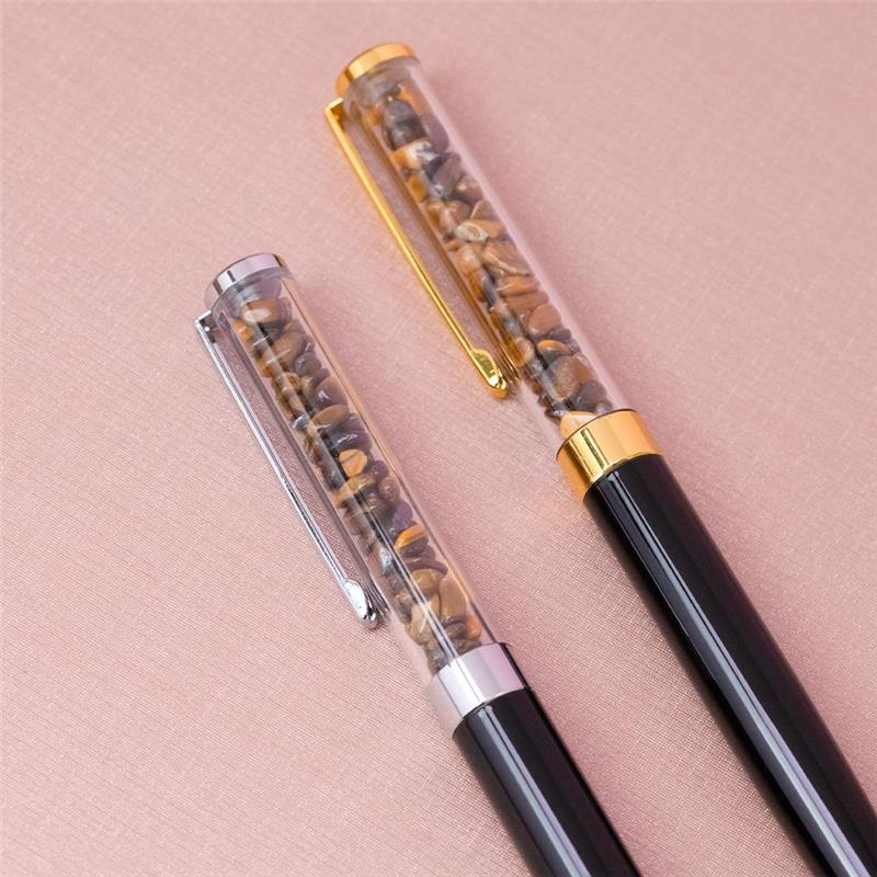 CANETA CROMADA COM PEDRAS NATURAIS - PRETA